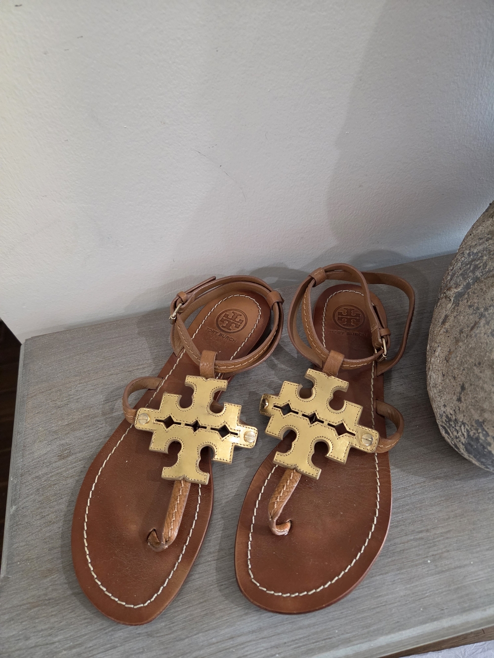 Tory Burch Miller Logo T-Strap Sandals in Brown with Gold Logo
